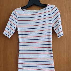 Tommy Hilfiger White and Blue Fitted Short Sleeve T-Shirt